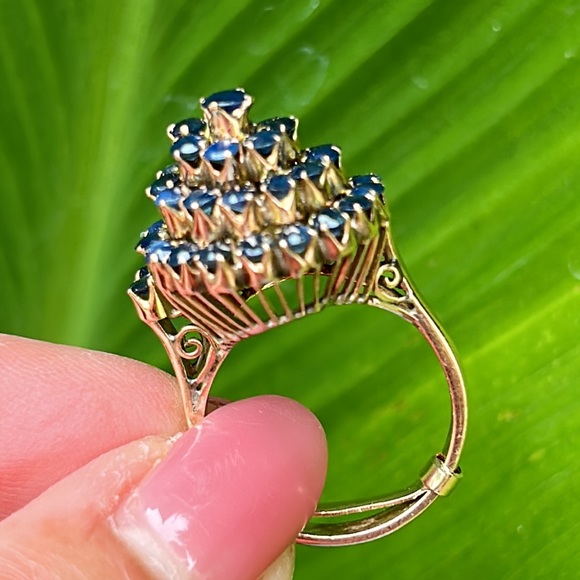 Sold-14K Yellow Gold Spiral Cluster Cocktail Natural Round Shape Blue Sapphire - Picture 13 of 17